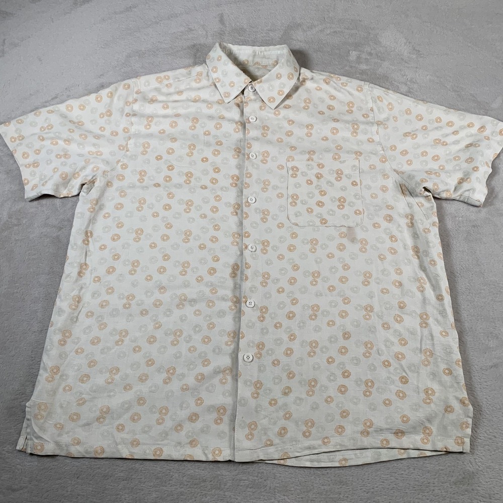 Vintage Silk Shirt Mens Large White Tan Donut Print Short Sleeve Button Up 90s‎